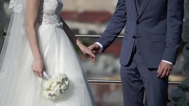 Bruid en bruidegom hand in hand — Stockvideo