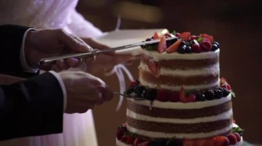 Gelin ve damat düğün pastasını kesiyor