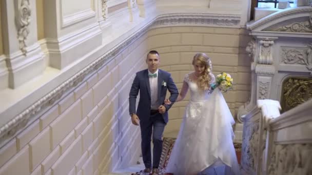 Жених и невеста поднимаются по лестнице — стоковое видео