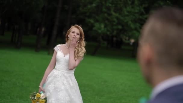 Bride kiss groom in park — Stock Video