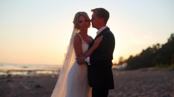 Наречений і наречений на пляжі — стокове відео