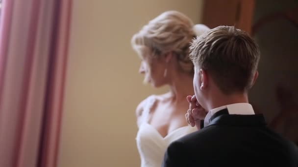 Bräutigam küsst Bräute Hand in Hand im Palast — Stockvideo