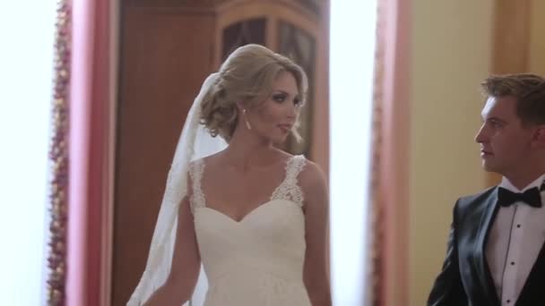 Νύφη και γαμπρός περπάτημα στο παλάτι — Αρχείο Βίντεο