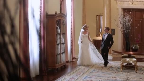 Novia y novio caminando en palacio — Vídeo de stock