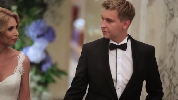 Braut und Bräutigam geht im Palast nach oben, Bräutigam küsst ihre Hand — Stockvideo