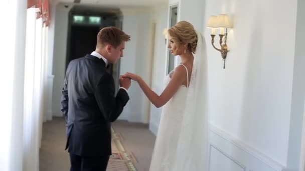 Csók a menyasszony kezét a palace vőlegény — Stock videók