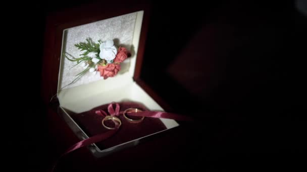 Wedding rings in red box — Stock Video