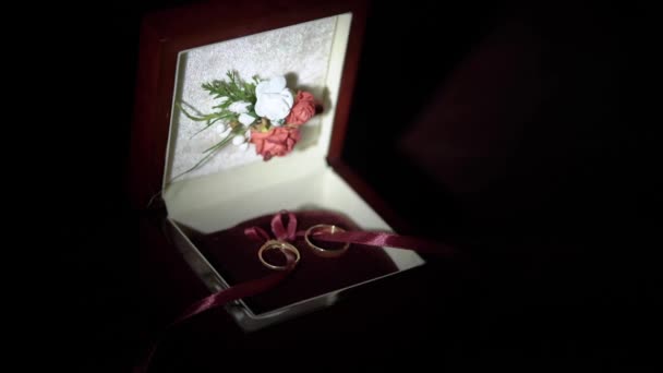 Anéis de casamento em caixa vermelha — Vídeo de Stock