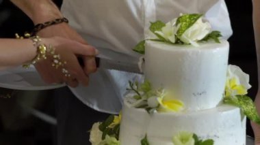 Gelin ve damat düğün pastasını kesiyor