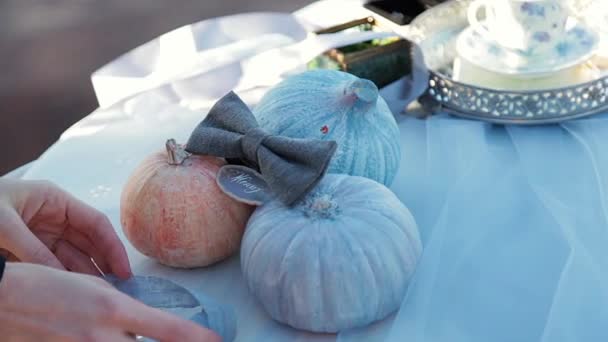 Colourful pumpkins at table — Stock Video