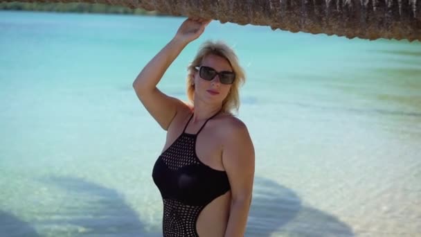 Jeune femme en bikini noir dans une mer — Video