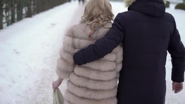Pár procházky v zimním parku — Stock video