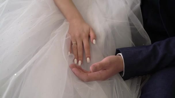 Bruid en bruidegom sit en houdend handen — Stockvideo