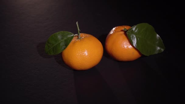 Dva citrusových plodů mandarinky s leafes na černém pozadí — Stock video