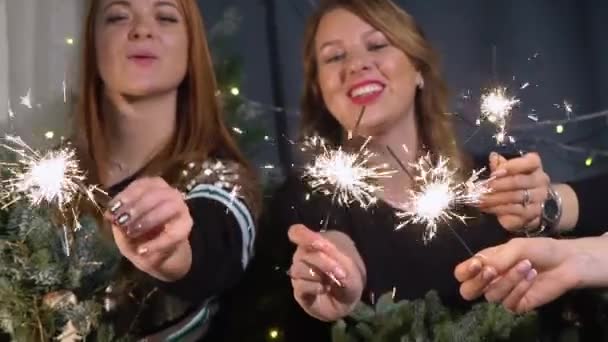 Preparación para la celebración de la Navidad y Año Nuevo. Chicas con corona de abeto decorado con pelotas y juguetes. Humor festivo — Vídeos de Stock
