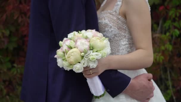 Esküvői pár ölelkezik. Menyasszony és vőlegény ölelése — Stock videók