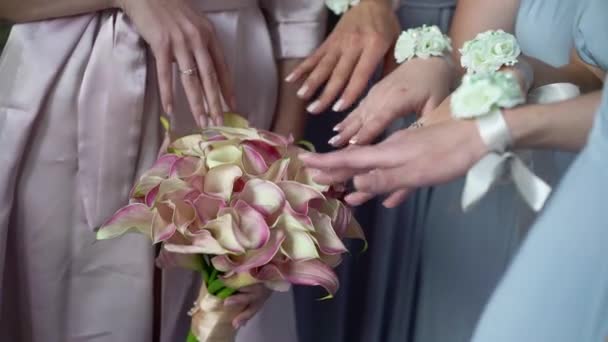 Bruid en bruidsmeisjes poseren op trouwdag. Meisje handen met bloemen armbanden en vrouw met bruids boeket — Stockvideo