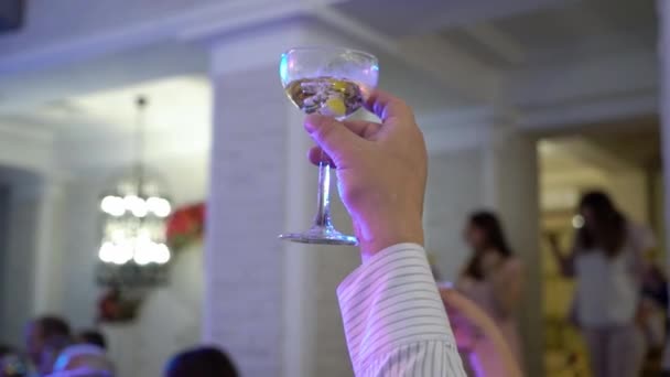 Partide elinde bir bardak şarap, şampanya ya da diğer alkollü içecekler tutan kişi. — Stok video