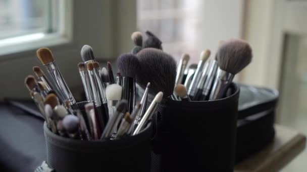 Profesionální sada štětců na líčení. Nastavit pro make-up umělce. — Stock video