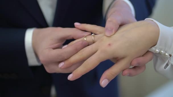 Жених и невеста обмениваются обручальными кольцами на церемонии. Прекрасная пара — стоковое видео