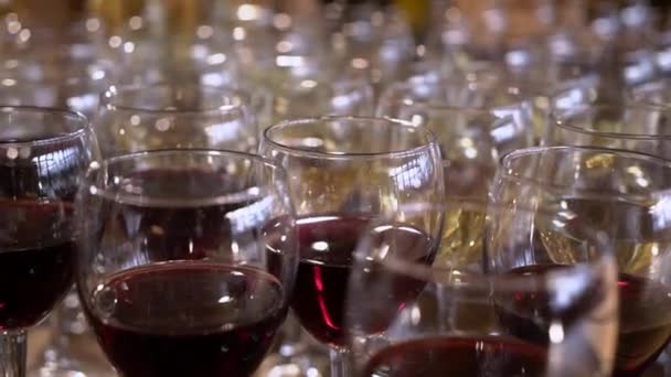 Σαμπάνια σε ποτήρια και μπουκάλι στο πάρτι. Ποτά αλκοόλ και ποτά — Αρχείο Βίντεο