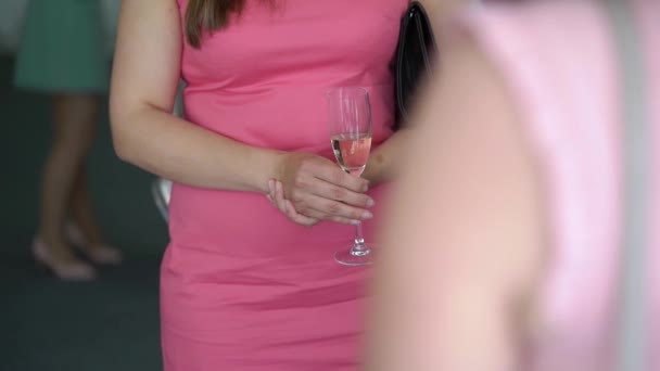 Osoba trzymająca kieliszek wina, szampana lub innego napoju alkoholowego w ręku na imprezie. — Wideo stockowe
