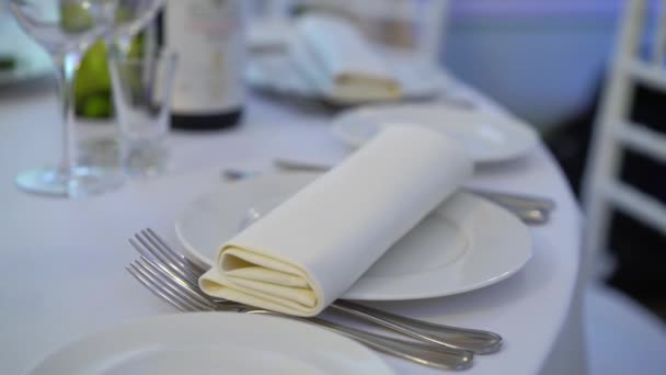 Vasos, platos, cubiertos y servilletas. Mesas decoradas con flores para la fiesta. Recepción de la boda, cumpleaños, aniversario. — Vídeo de stock