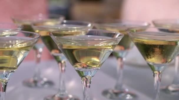 Champagne i glas och flaska på festen. Alkoholdrycker och drycker — Stockvideo