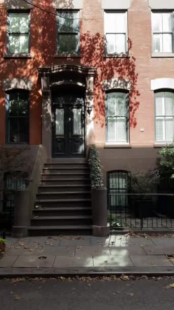 Vídeo vertical. Menina caminhando em um centro da cidade de Nova York . — Vídeo de Stock