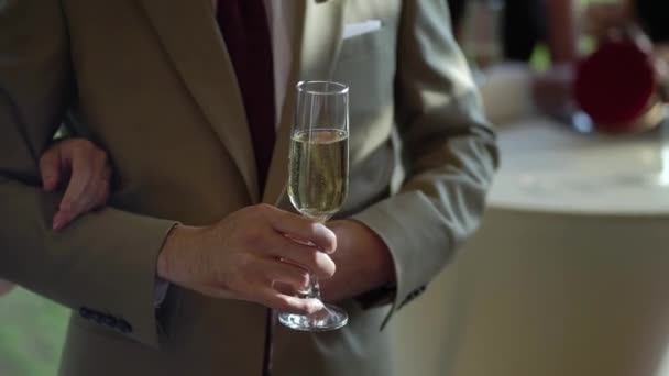 Osoba držící sklenici vína, šampaňského nebo jiného lihového nápoje v ruce na večírku. — Stock video