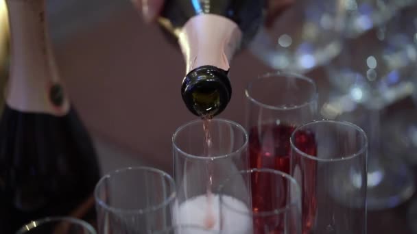 Champagne i glas och flaska på festen. Alkoholdrycker och drycker — Stockvideo