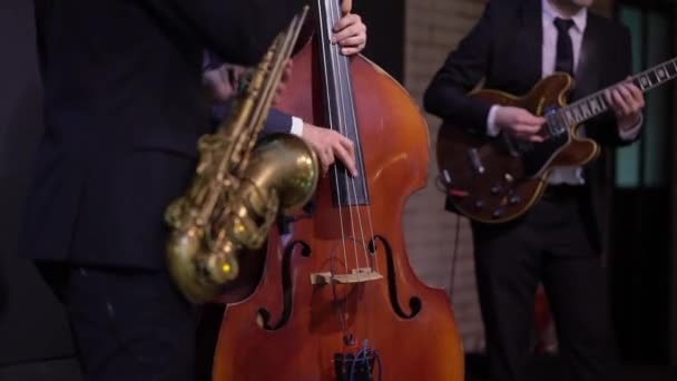 Hombre tocando violonchelo. Violinista tocando música masculina. Músico en concierto de escenario . — Vídeo de stock