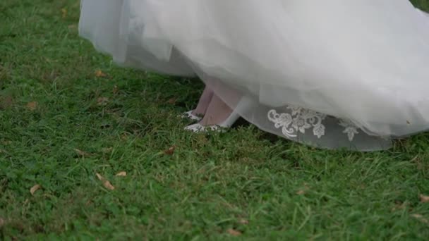 Молода наречена у весільній сукні ходить у парку. Біла розкішна мода сукні — стокове відео