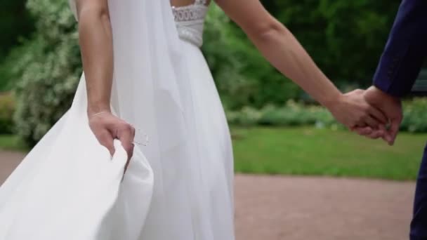 Νεαρό ζευγάρι που περπατά στο πάρκο. Νύφη και γαμπρός το καλοκαίρι — Αρχείο Βίντεο
