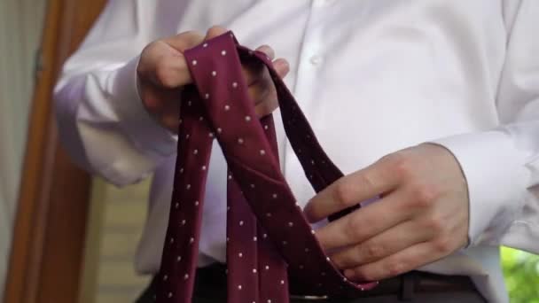 Jovem, põe gravata. Vestido para evento de celebração, reunião de negócios ou casamento — Vídeo de Stock