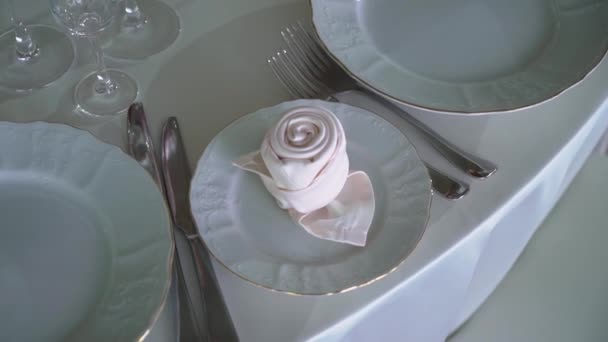 Okulary, talerze, sztućce i serwetki. Ozdobione stoły z kwiatami na imprezę. Wesele, urodziny, rocznica. — Wideo stockowe