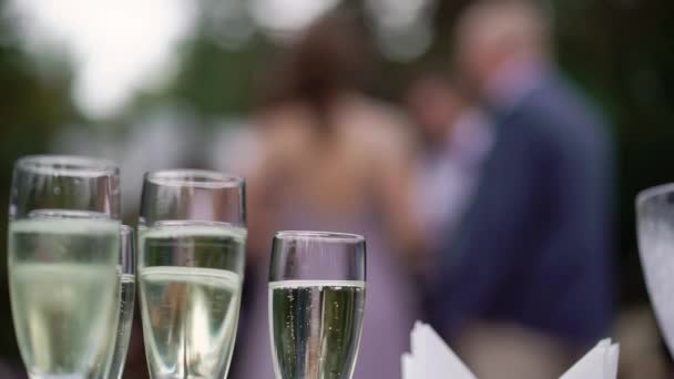 Şampanie în pahare şi sticlă la petrecere. Băuturi și băuturi alcoolice — Videoclip de stoc