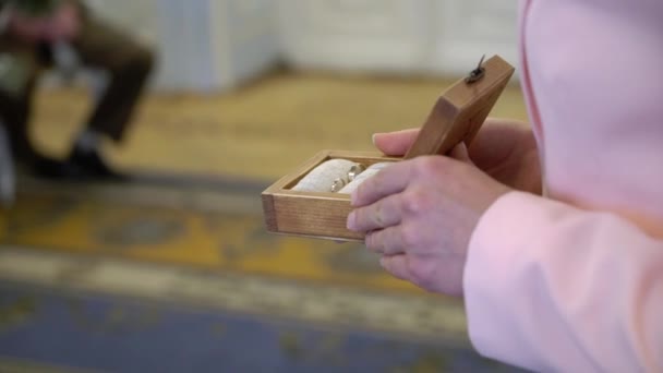 Novia y novio intercambian anillos de boda en la ceremonia. Hermosa pareja. — Vídeo de stock