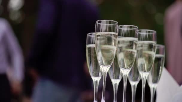 Champagne in bicchieri e bottiglia alla festa. Bevande alcoliche e bevande — Video Stock