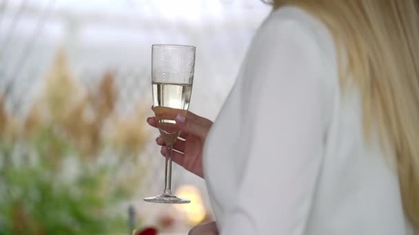 Persoon die op het feest een glas wijn, champagne of andere alcoholische drank bij de hand heeft. — Stockvideo