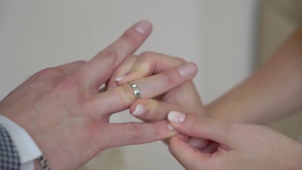 Noiva e noivo trocam anéis de casamento na cerimônia. Casal encantador — Vídeo de Stock