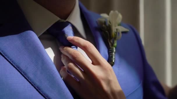 Vrouw die helpt met het aantrekken en maken van stropdas. Bruidegom in pak met stropdas op trouwdag — Stockvideo