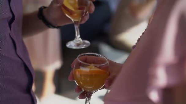 Persoon die op het feest een glas wijn, champagne of andere alcoholische drank bij de hand heeft. — Stockvideo