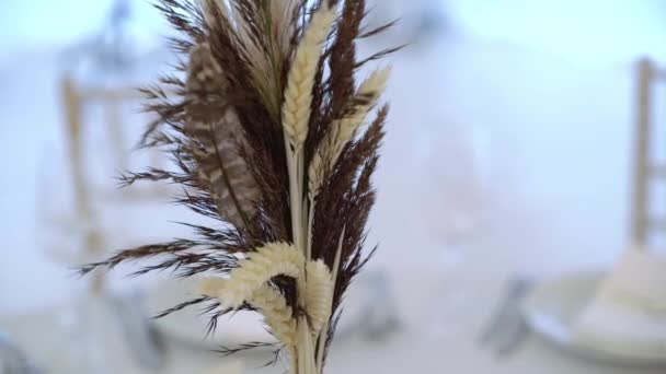 Gläser, Teller, Besteck und Servietten. Geschmückte Tische mit Blumen für die Party. Hochzeitsempfang, Geburtstag, Jubiläum. — Stockvideo