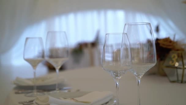 Briller, tallerkener, bestikk og servietter. Dekorerte bord med blomster til festen. Bryllupsfest, fødselsdag, jubileum. – stockvideo