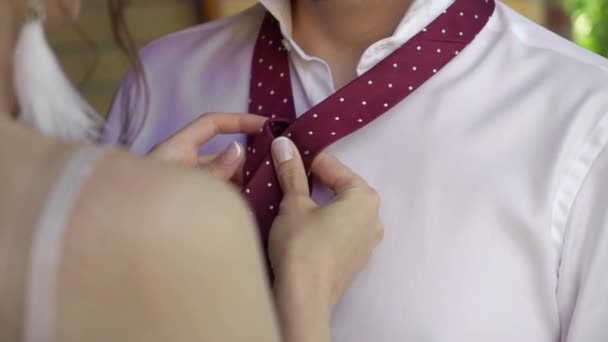 Young man put on tie. Dressing for celebration event, business meeting or wedding — Stock Video