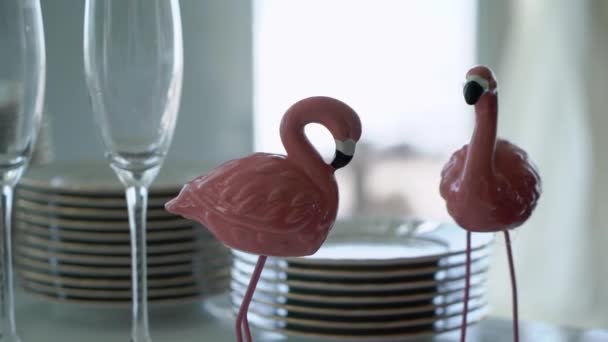 Розовые фламинго маленькие фигурки на вечеринке . — стоковое видео