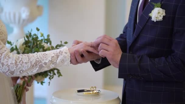 Braut und Bräutigam tauschen bei der Zeremonie Eheringe. Schönes Paar — Stockvideo