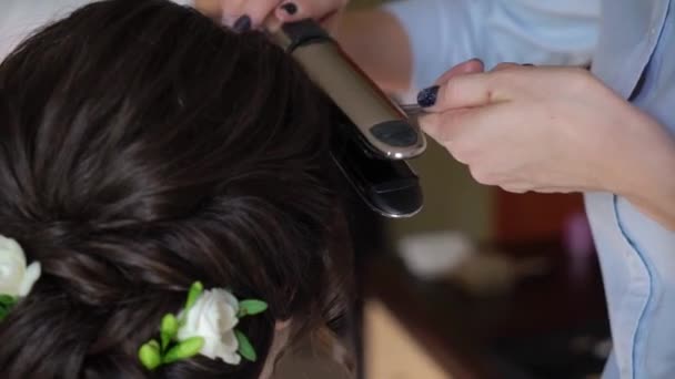 O cabeleireiro faz o cabelo das noivas. Penteado de casamento para uma jovem. Estilista fazendo estilo de cabelo — Vídeo de Stock