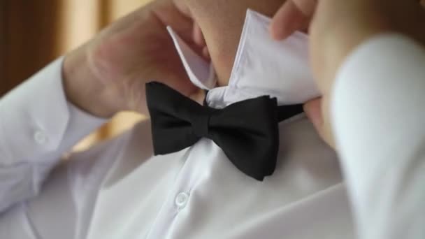 Junger Mann zog Fliege an. Dressing für Feierlichkeiten, Geschäftstreffen oder Hochzeiten — Stockvideo